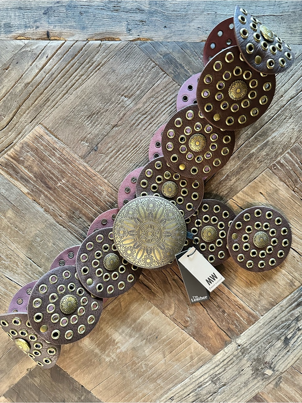 NWT Brown Leather Statement Belt with Antique Gold Medallions
